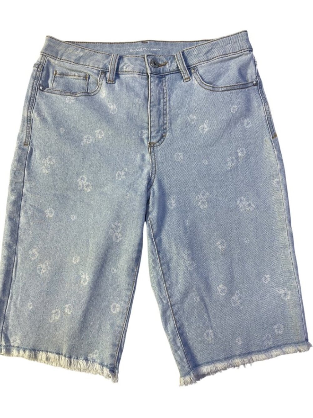 Style&Co Size 8 Denim Mid Rise Bermuda Shorts Raw Edge Soft Blue Floral Print